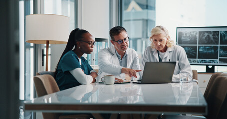Poster - Hospital, teamwork and doctors on laptop in meeting for consulting, discussion and medical advice. Healthcare, clinic and man and women on computer for collaboration, research or telehealth website