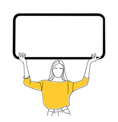 Young woman holding giant smartphone above her head. Online, mobile offer, discount, advertising, phone screen mockup. Vector outline drawing isolated