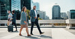 © peopleimages.com - Corporate, people and talking with travel in city for morning commute, discussion and client negotiation. Man, woman and walking with conversation for partnership, collaboration and proposal feedback