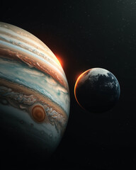 Wall Mural - Jupiter and Earth alignment in deep space. surreal view of Jupiter and Earth side by side in space