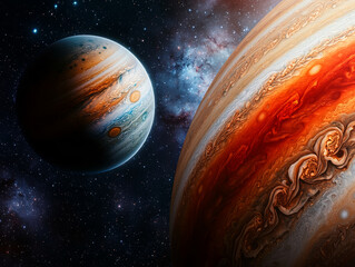 Wall Mural - Jupiter and Earth alignment in deep space. Jupiter Great Red Spot with Earth in background, cosmic view