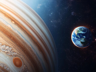 Wall Mural - Jupiter and Earth alignment in deep space. Jupiter colossal rings with Earth in distance, dramatic space view
