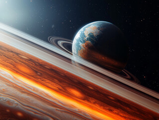 Wall Mural - Jupiter and Earth alignment in deep space. Dramatic depiction of Jupiter colossal rings with Earth in view