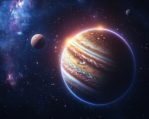 Wall Mural - Jupiter and Earth alignment in deep space. Jupiter and its moons illuminated by cosmic light in space