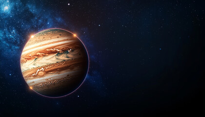 Wall Mural - Jupiter and Earth alignment in deep space. Jupiter with glowing rings in starry space background