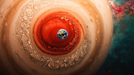 Wall Mural - Jupiter and Earth alignment in deep space. Earth inside Jupiter Great Red Spot, swirling in cosmic motion