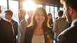© Lightning - Enthusiastic asian businesswoman smiling in a crowded business event