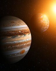 Wall Mural - Jupiter and Earth alignment in deep space. Jupiter and Earth illuminated by space rings in cosmic scene