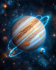 Wall Mural - Jupiter and Earth alignment in deep space. Jupiter and Earth connected by cosmic light beams in starry space scene