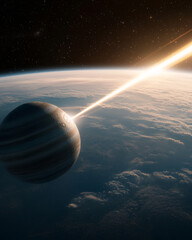 Wall Mural - Jupiter and Earth alignment in deep space. Jupiter and Earth connected by cosmic light beams in space