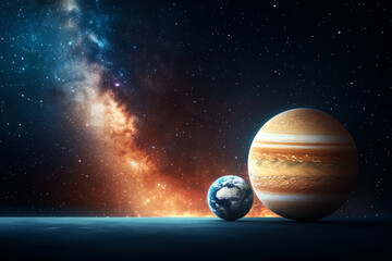 Wall Mural - Jupiter and Earth alignment in deep space. Earth and Jupiter aligned under glowing galaxy in space