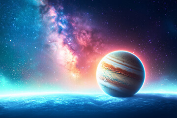 Wall Mural - jupiter and earth alignment in deep space. jupiter and earth in surreal alignment under glowing sky