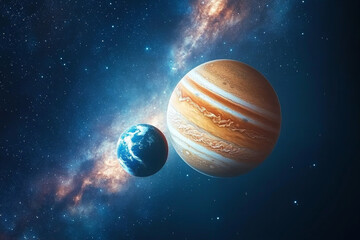 Wall Mural - Jupiter and Earth alignment in deep space. Jupiter and Earth aligned under glowing galaxy in space