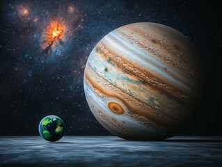 Wall Mural - Jupiter and Earth alignment in deep space. Jupiter dominates frame with small Earth orbiting nearby