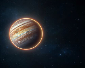 Wall Mural - Jupiter and Earth alignment in deep space. Jupiter eclipsing Earth with glowing edge lights in space