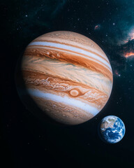 Wall Mural - Jupiter and Earth alignment in deep space. Jupiter looms massive while Earth orbits softly below in space