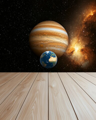 Wall Mural - Jupiter and Earth alignment in deep space. Jupiter looms massive while Earth orbits softly below in space
