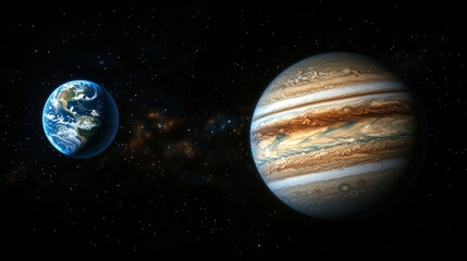 Wall Mural - Jupiter and Earth alignment in deep space. Earth and Jupiter in outer space with starry background