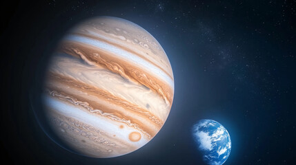 Wall Mural - Jupiter and Earth alignment in deep space. Jupiter swirling clouds with Earth in background