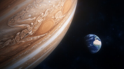 Wall Mural - Jupiter and Earth alignment in deep space. Jupiter swirling clouds with Earth in distance