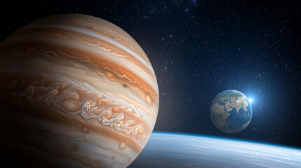 Wall Mural - Jupiter and Earth alignment in deep space. Jupiter swirling clouds with Earth in distance