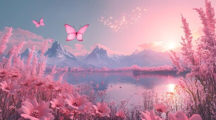 Sticker - A vibrant ocean of pale pink flowers, delicate pale pink butterflies soaring in the sky