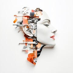 Wall Mural - A surreal depiction of a cyborg face, isolated on white background.