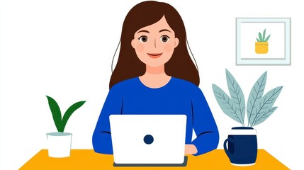 Canvas Print - Smiling Woman Working on Laptop at Home Office with Potted Plants