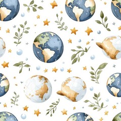 Wall Mural - Watercolor seamless pattern of Planet Earth, isolated on a white background.