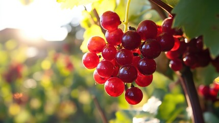 Wall Mural - Close-up of ripe red grapes hanging from a vine in a sunlit vineyard during harvest season