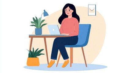 Poster - Woman Working on Laptop at Minimalist Desk with Plants