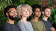 © Evgenii - diverse group featuring four individuals with varying hair types and styles seated in a bright, green room