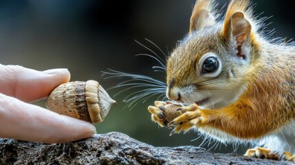Wall Mural - A close-up of a squirrel reaching for an acorn held by a hand, showcasing a moment of interaction between wildlife and humans.