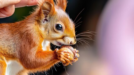 Wall Mural - A cute squirrel holds a nut in its paws while being gently touched, showcasing its vibrant fur and playful nature.