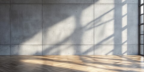 Wall Mural - a spacious modern room with a concrete wall and wooden floor. natural light casts unique shadows acr