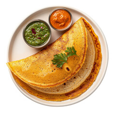 Wall Mural - Delicious dosa served with green chutney and red chutney on white plate. crispy texture and golden color make it appetizing dish