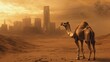 © batara - Camel in desert, city skyline under hazy sky.