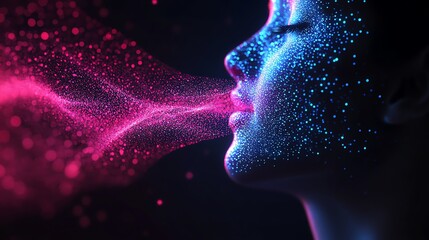 Wall Mural - woman exhaling pink blue particles digital art