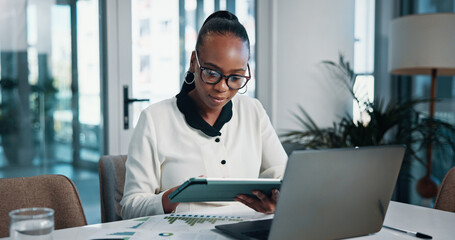Poster - Office, tablet and woman with project, graphs and documents for revenue in company and financial report. Corporate, accountant and black person with app, analysis and reading of stats for business