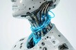 © whitestorm - Detailed cyborg neck and head showing intricate mechanical design and glowing blue cables, highlighting the fusion of human-like form and advanced technology.