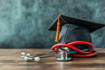 a symbolic composition of a stethoscope wrapped around a graduation cap, representing medical educat