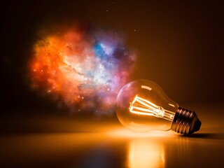 a glowing light bulb with a colorful cosmic explosion in the background, symbolizing creativity.
