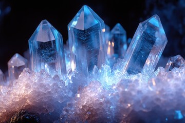 Leinwandbilder - Stunning cluster of luminous blue quartz crystals,  gleaming with inner light, nestled in a bed of smaller crystals.