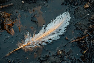 A single white feather resting on a dark, muddy surface with seaweed and debris, a poignant still life, showcasing contrasts in texture and tone, creating a moody atmosphere.