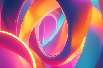 Fototapete - Abstract vibrant neon artwork featuring intertwined glowing curves in pink, orange, and teal.