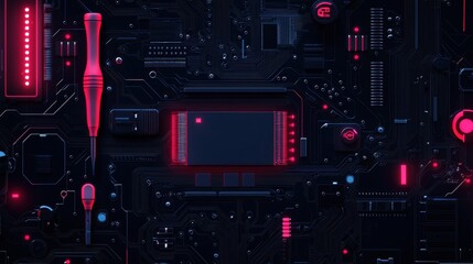 Wall Mural - futuristic circuit board background with neon red components and screwdriver on dark surface offerin