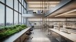 © batara - Modern, spacious laboratory with a large window overlooking a cityscape and an integrated green wall.