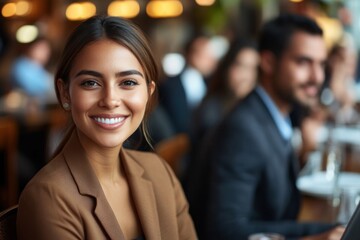 Smiling woman enjoying a lively dinner event with friends in a modern restaurant setting