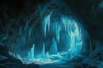 Poster - A mesmerizing ice cave with stunning blue icicles and formations, a winter wonderland.