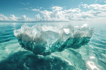 Fototapete - A large, translucent ice formation floats serenely in calm, turquoise waters under a bright, cloudy sky.